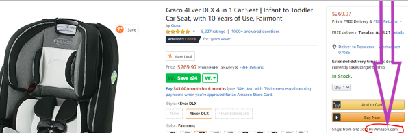 Screenshot showing car seat on Amazon. Baby registry items shipped and sold by amazon are eligible for completion discount