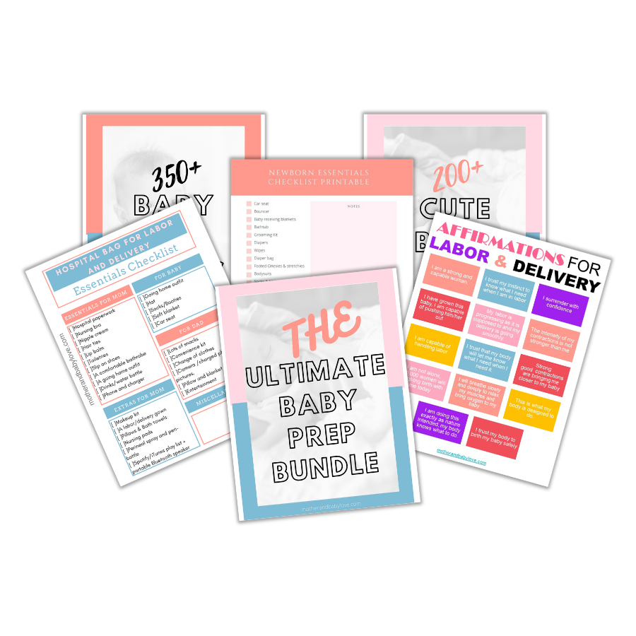 The ultimate baby prep bundle: Includes short, strong and unique baby boy names, baby girl names, labor and delivery affirmations and hospital bag checklist and newborn essentials checklist printable.