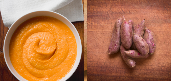 Sweet potato puree in a white bowl and sweet potatoes/ yams on a chopping board 