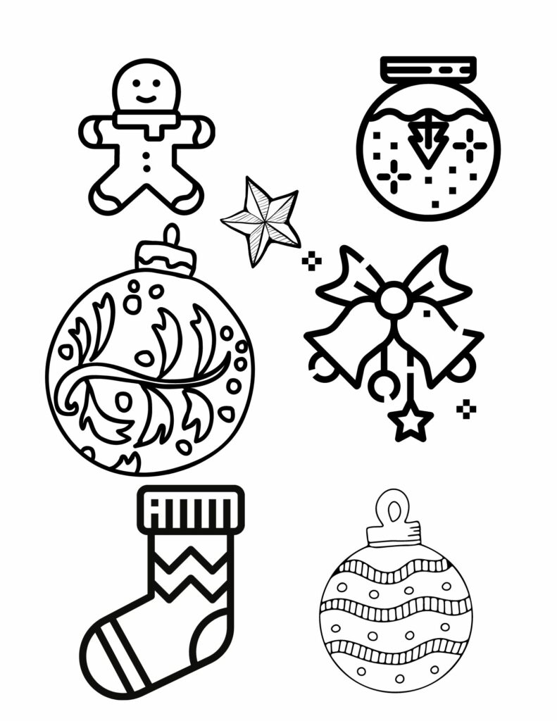 Colouring sheet with Christmas tree ornaments, lights, bells, sock, snow man, snow flakes and candy canes