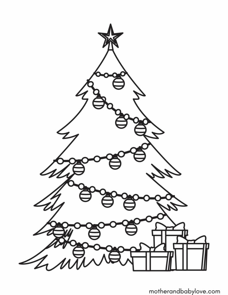 Free Christmas printable coloring sheet- Christmas tree with decorations and gift boxes