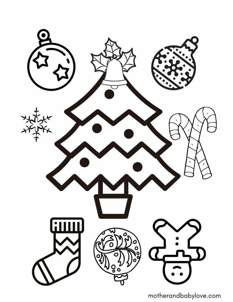 Christmas coloring pages printable with a christmas tree, Christmas tree ornaments, lights, bells, sock, snow flakes and candy canes