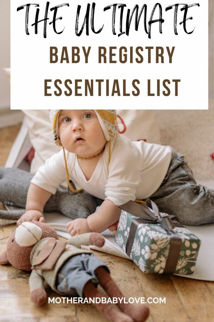Baby holding stuffed animals next to a wrapped gift. - The Ultimate Baby registry Essentials Checklist.
